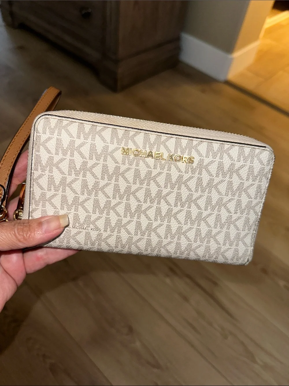 Michael Kors Cream Signature Continental Wristlet with Tan Strap